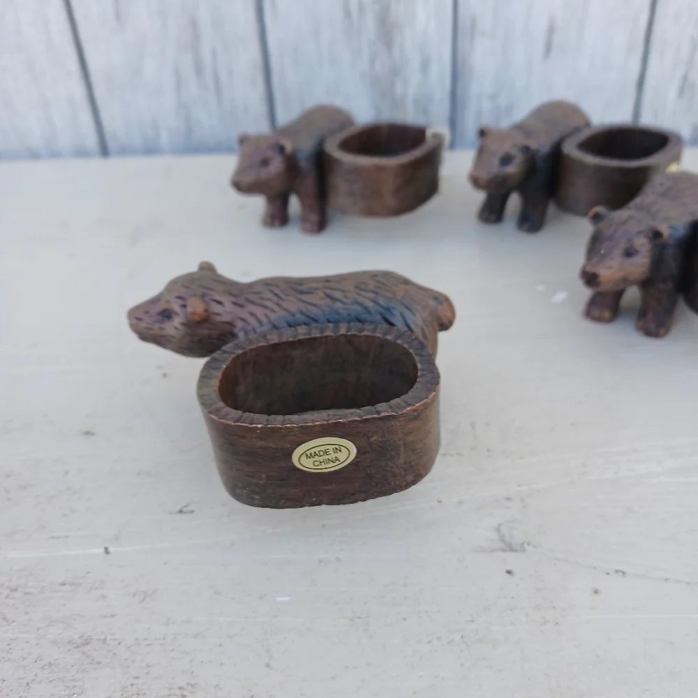 Set of 4 Folk Art Brown Bear Ceramic Faux Wooden Napkin Rings Rustic Cabin‎